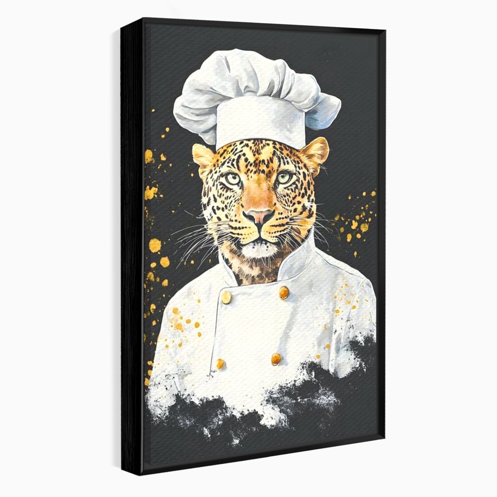 Leinwand Wandkunst Canvas Premium, LuxCanva® M1196, Safari Küche, Leopard, Koch, Kostüm, Feline, Küche, Restaurant, Pete, Exotisch, Savanne, Portrait, Büro, Wohnen, Wohnzimmer, Babyzimmer