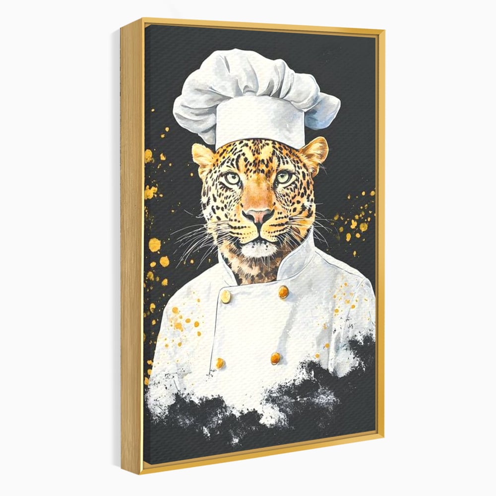 Leinwand Wandkunst Canvas Premium, LuxCanva® M1196, Safari Küche, Leopard, Koch, Kostüm, Feline, Küche, Restaurant, Pete, Exotisch, Savanne, Portrait, Büro, Wohnen, Wohnzimmer, Babyzimmer