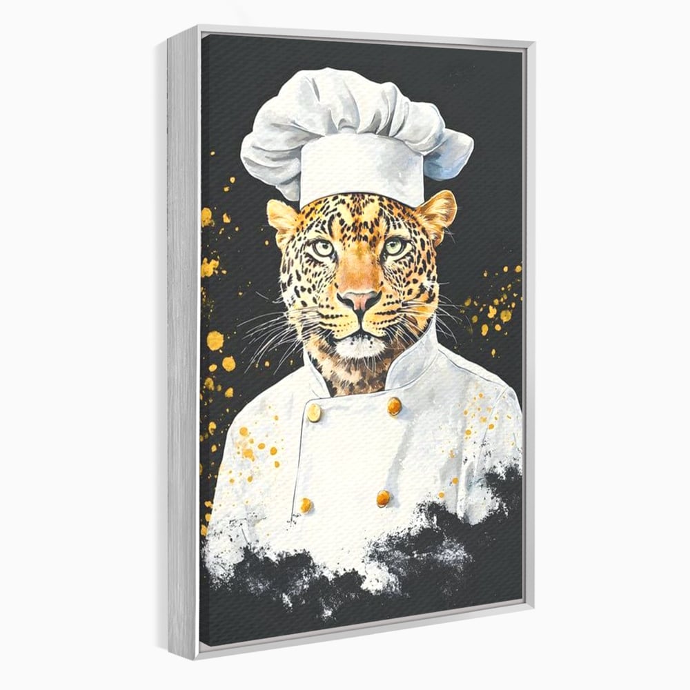Leinwand Wandkunst Canvas Premium, LuxCanva® M1196, Safari Küche, Leopard, Koch, Kostüm, Feline, Küche, Restaurant, Pete, Exotisch, Savanne, Portrait, Büro, Wohnen, Wohnzimmer, Babyzimmer