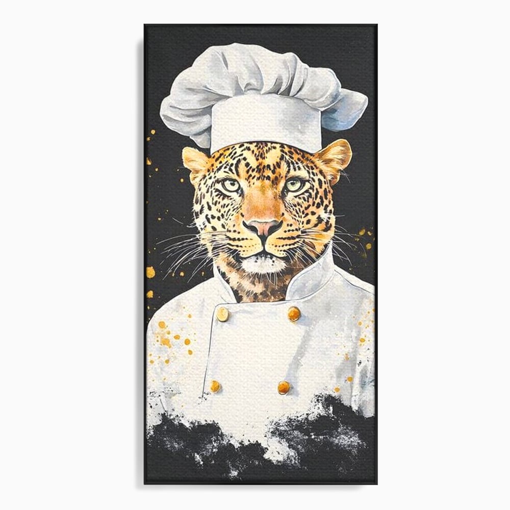 Leinwand Wandkunst Canvas Premium, LuxCanva® M1196, Safari Küche, Leopard, Koch, Kostüm, Feline, Küche, Restaurant, Pete, Exotisch, Savanne, Portrait, Büro, Wohnen, Wohnzimmer, Babyzimmer
