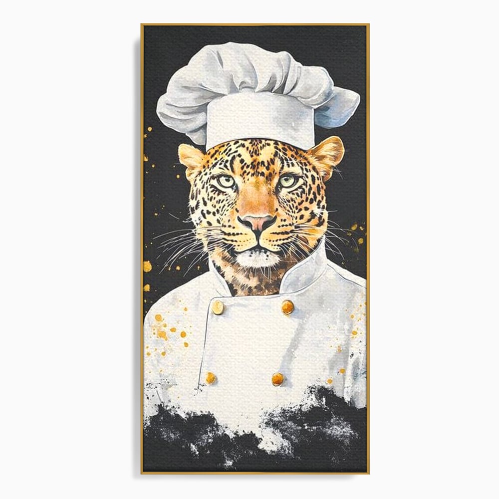 Leinwand Wandkunst Canvas Premium, LuxCanva® M1196, Safari Küche, Leopard, Koch, Kostüm, Feline, Küche, Restaurant, Pete, Exotisch, Savanne, Portrait, Büro, Wohnen, Wohnzimmer, Babyzimmer