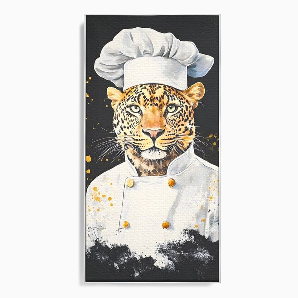 Leinwand Wandkunst Canvas Premium, LuxCanva® M1196, Safari Küche, Leopard, Koch, Kostüm, Feline, Küche, Restaurant, Pete, Exotisch, Savanne, Portrait, Büro, Wohnen, Wohnzimmer, Babyzimmer