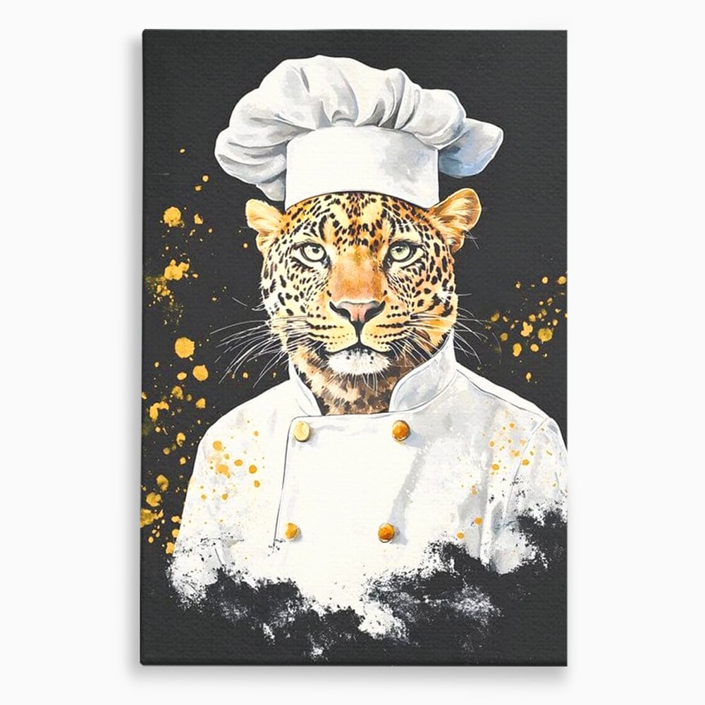 Leinwand Wandkunst Canvas Premium, LuxCanva® M1196, Safari Küche, Leopard, Koch, Kostüm, Feline, Küche, Restaurant, Pete, Exotisch, Savanne, Portrait, Büro, Wohnen, Wohnzimmer, Babyzimmer