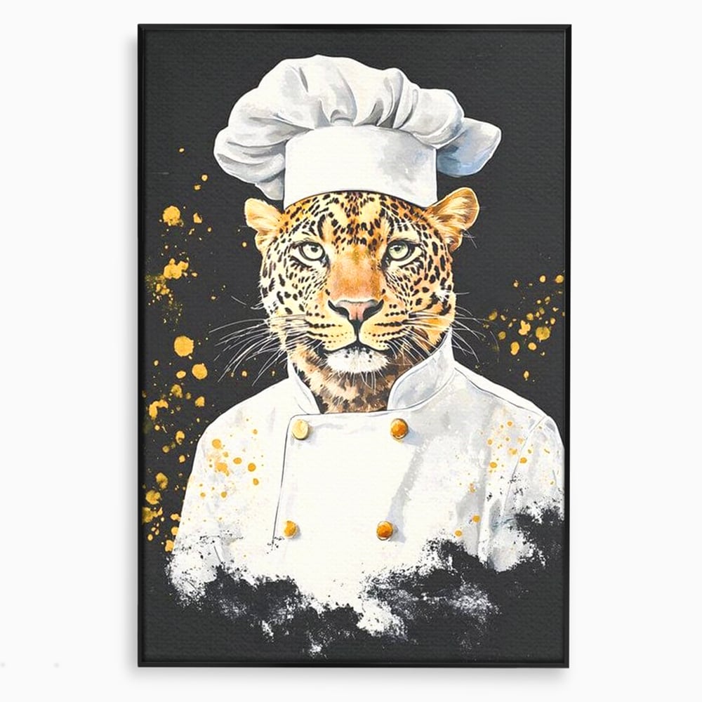 Leinwand Wandkunst Canvas Premium, LuxCanva® M1196, Safari Küche, Leopard, Koch, Kostüm, Feline, Küche, Restaurant, Pete, Exotisch, Savanne, Portrait, Büro, Wohnen, Wohnzimmer, Babyzimmer