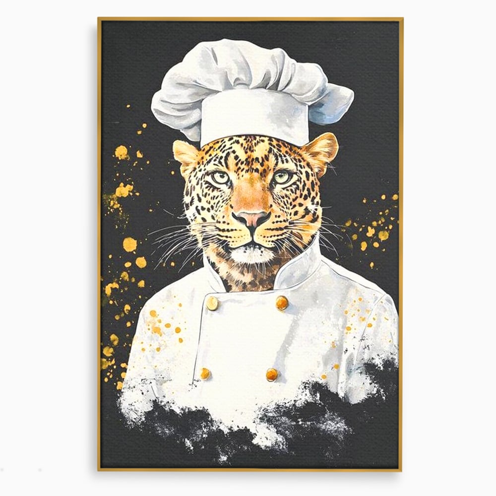 Leinwand Wandkunst Canvas Premium, LuxCanva® M1196, Safari Küche, Leopard, Koch, Kostüm, Feline, Küche, Restaurant, Pete, Exotisch, Savanne, Portrait, Büro, Wohnen, Wohnzimmer, Babyzimmer