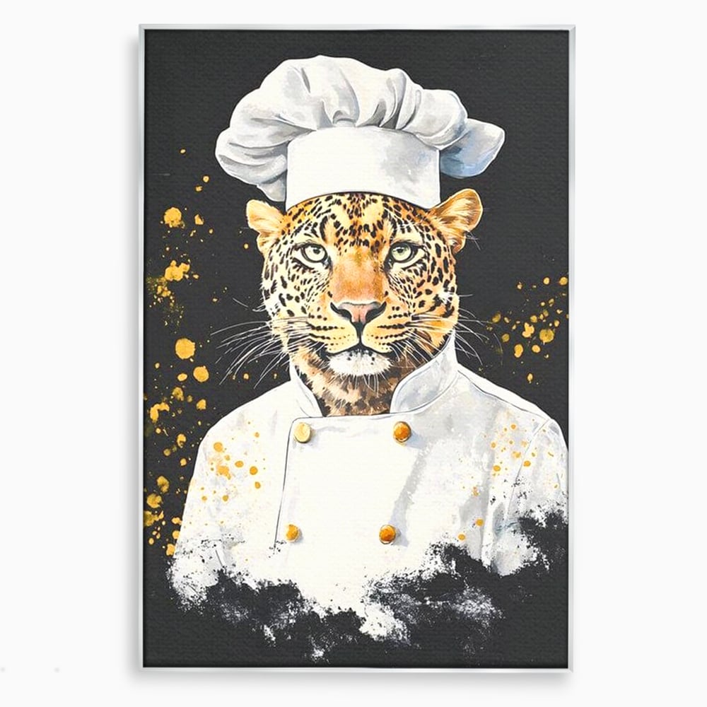 Leinwand Wandkunst Canvas Premium, LuxCanva® M1196, Safari Küche, Leopard, Koch, Kostüm, Feline, Küche, Restaurant, Pete, Exotisch, Savanne, Portrait, Büro, Wohnen, Wohnzimmer, Babyzimmer