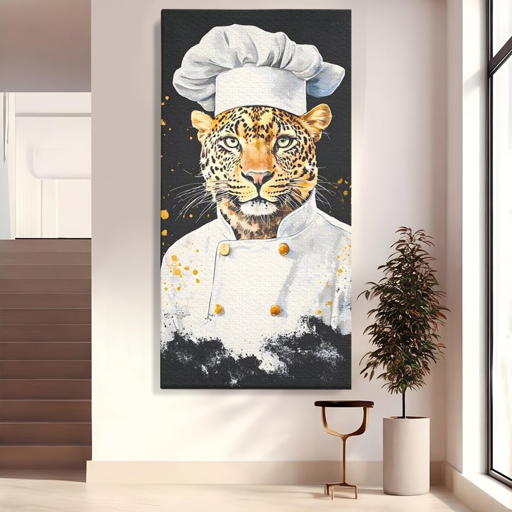 Leinwand Wandkunst Canvas Premium, LuxCanva® M1196, Safari Küche, Leopard, Koch, Kostüm, Feline, Küche, Restaurant, Pete, Exotisch, Savanne, Portrait, Büro, Wohnen, Wohnzimmer, Babyzimmer