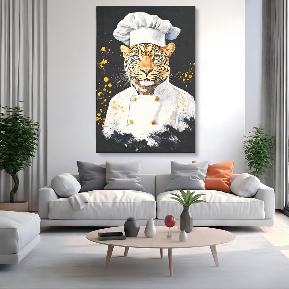 Leinwand Wandkunst Canvas Premium, LuxCanva® M1196, Safari Küche, Leopard, Koch, Kostüm, Feline, Küche, Restaurant, Pete, Exotisch, Savanne, Portrait, Büro, Wohnen, Wohnzimmer, Babyzimmer