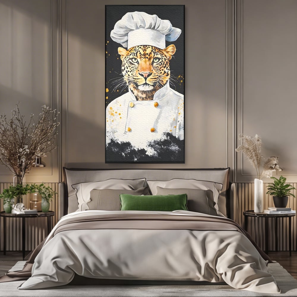 Leinwand Wandkunst Canvas Premium, LuxCanva® M1196, Safari Küche, Leopard, Koch, Kostüm, Feline, Küche, Restaurant, Pete, Exotisch, Savanne, Portrait, Büro, Wohnen, Wohnzimmer, Babyzimmer