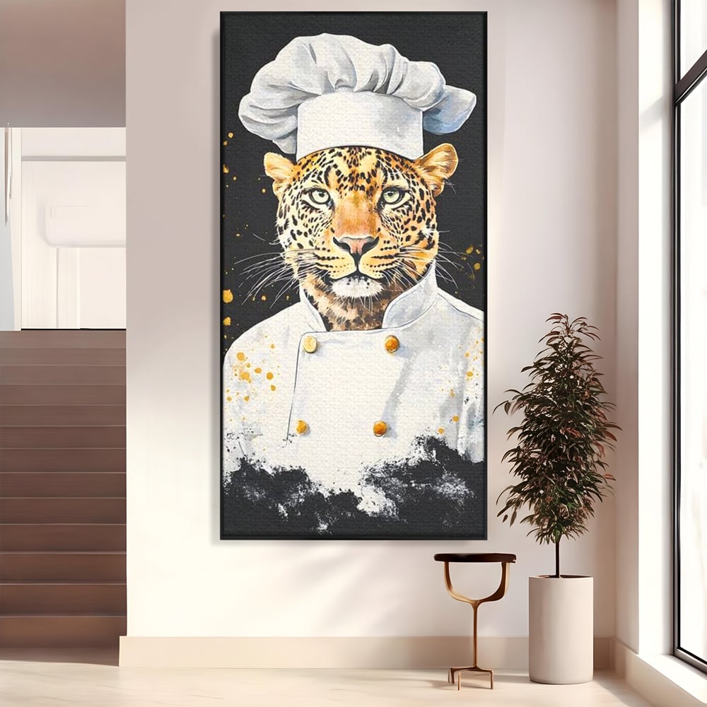 Leinwand Wandkunst Canvas Premium, LuxCanva® M1196, Safari Küche, Leopard, Koch, Kostüm, Feline, Küche, Restaurant, Pete, Exotisch, Savanne, Portrait, Büro, Wohnen, Wohnzimmer, Babyzimmer