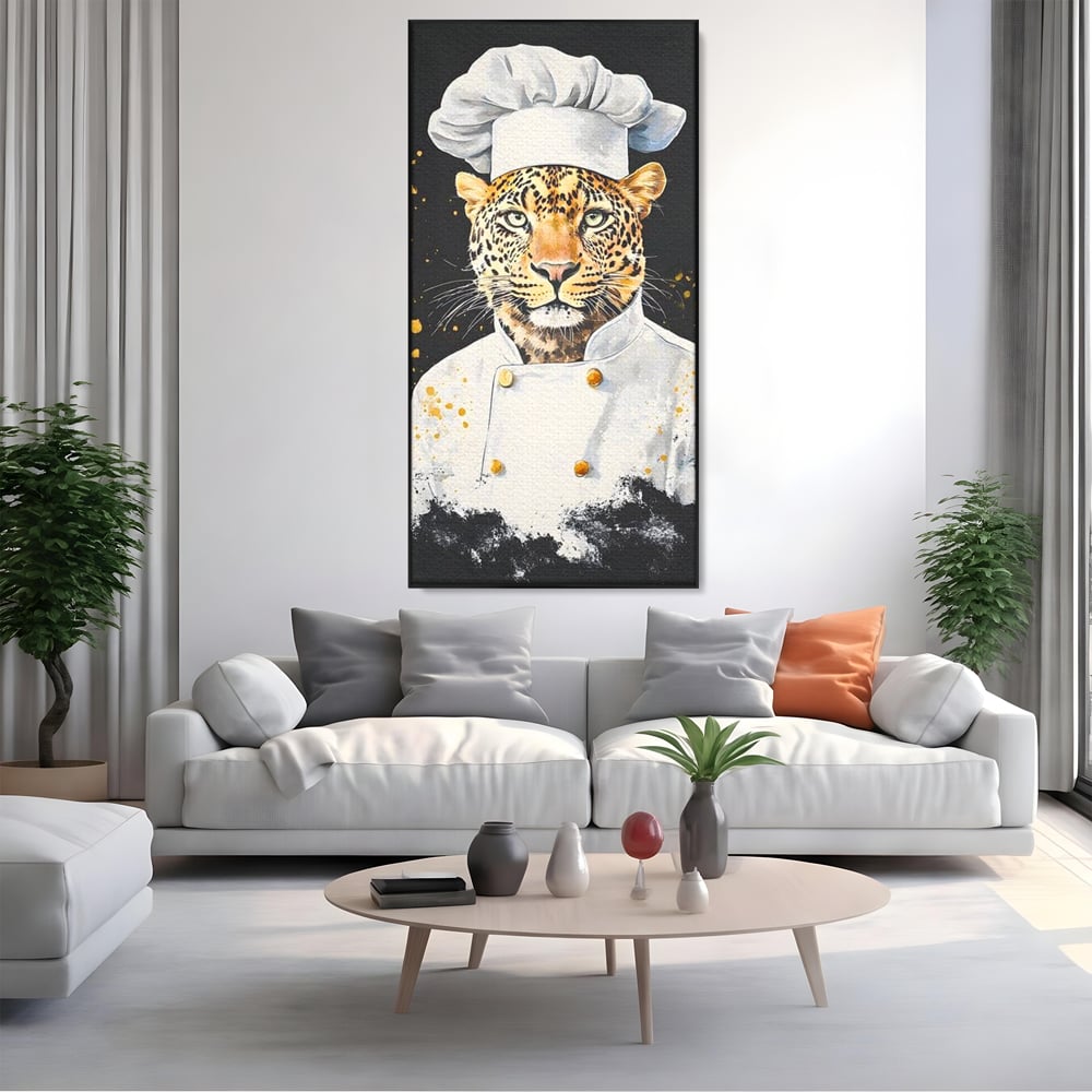 Leinwand Wandkunst Canvas Premium, LuxCanva® M1196, Safari Küche, Leopard, Koch, Kostüm, Feline, Küche, Restaurant, Pete, Exotisch, Savanne, Portrait, Büro, Wohnen, Wohnzimmer, Babyzimmer