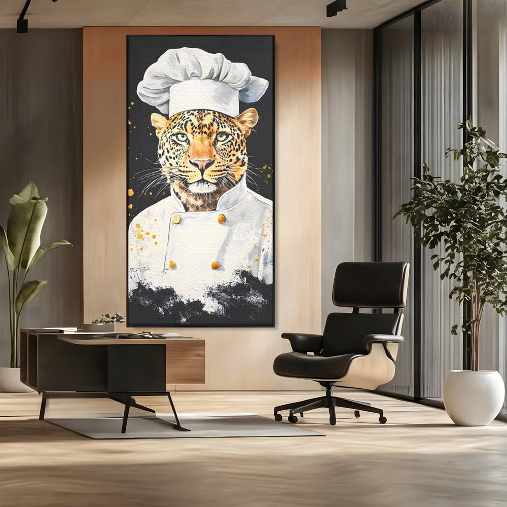Leinwand Wandkunst Canvas Premium, LuxCanva® M1196, Safari Küche, Leopard, Koch, Kostüm, Feline, Küche, Restaurant, Pete, Exotisch, Savanne, Portrait, Büro, Wohnen, Wohnzimmer, Babyzimmer