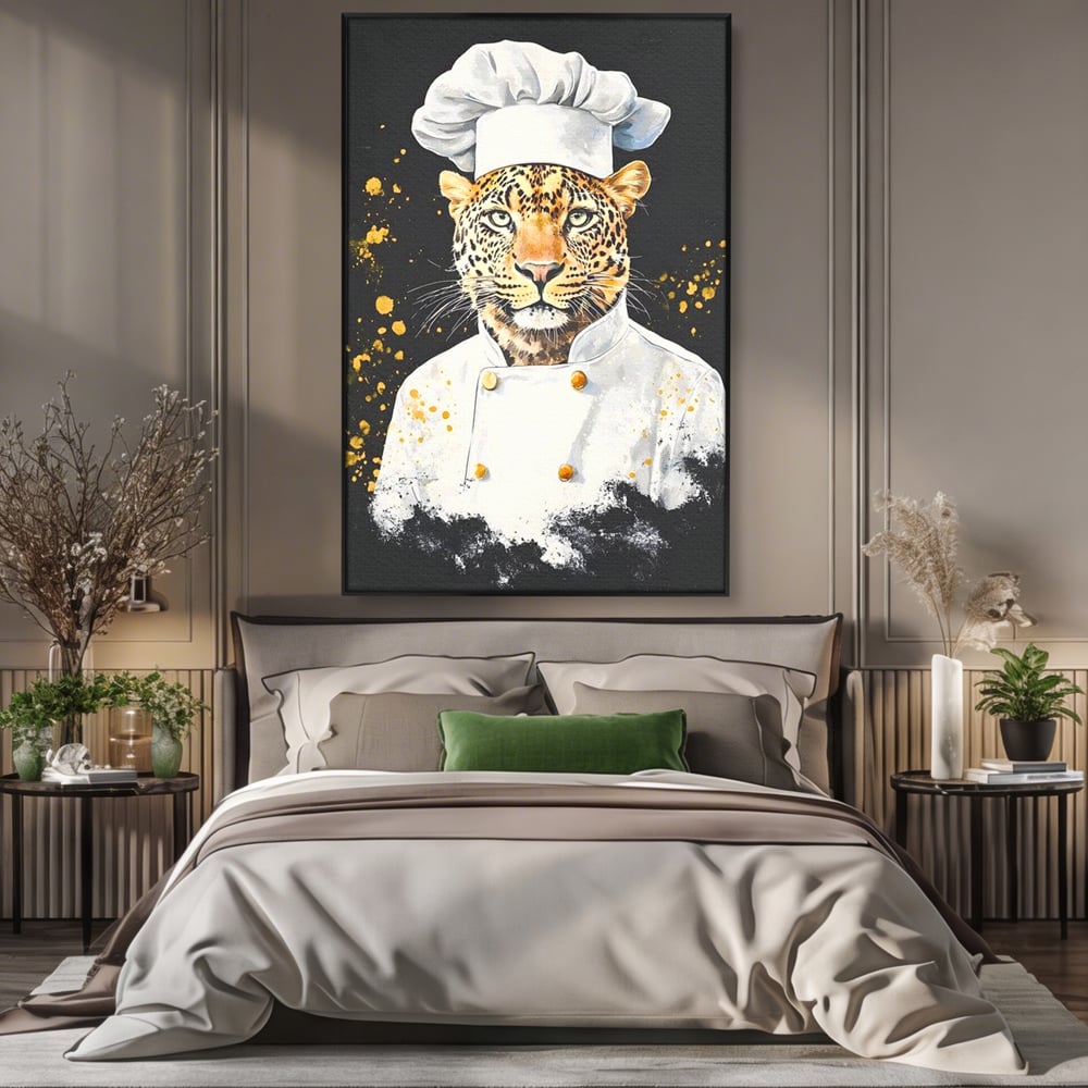 Leinwand Wandkunst Canvas Premium, LuxCanva® M1196, Safari Küche, Leopard, Koch, Kostüm, Feline, Küche, Restaurant, Pete, Exotisch, Savanne, Portrait, Büro, Wohnen, Wohnzimmer, Babyzimmer