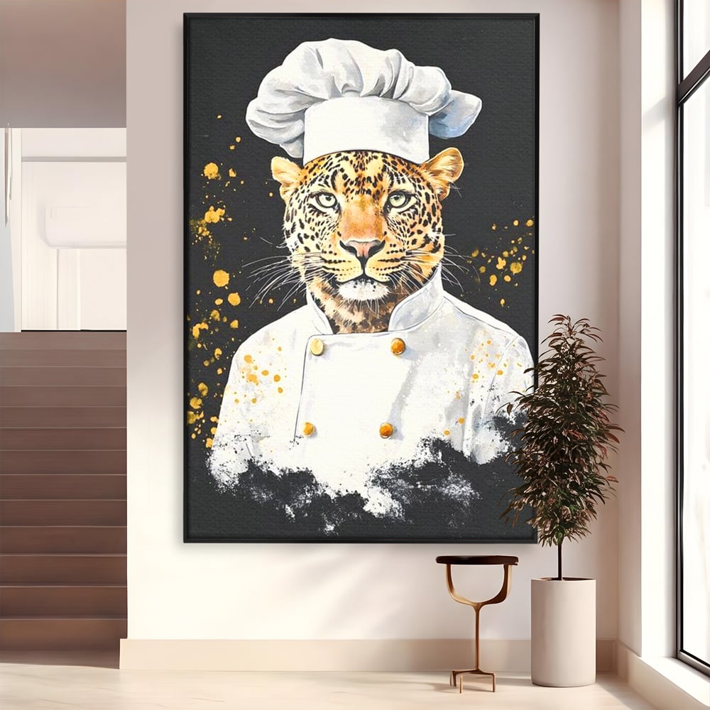 Leinwand Wandkunst Canvas Premium, LuxCanva® M1196, Safari Küche, Leopard, Koch, Kostüm, Feline, Küche, Restaurant, Pete, Exotisch, Savanne, Portrait, Büro, Wohnen, Wohnzimmer, Babyzimmer