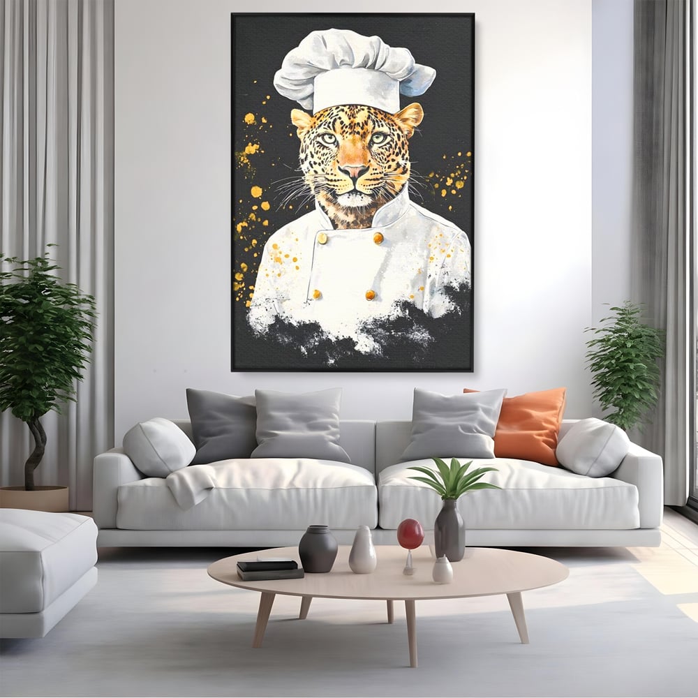 Leinwand Wandkunst Canvas Premium, LuxCanva® M1196, Safari Küche, Leopard, Koch, Kostüm, Feline, Küche, Restaurant, Pete, Exotisch, Savanne, Portrait, Büro, Wohnen, Wohnzimmer, Babyzimmer