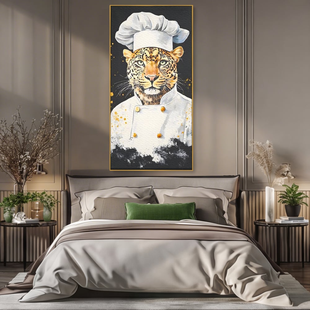 Leinwand Wandkunst Canvas Premium, LuxCanva® M1196, Safari Küche, Leopard, Koch, Kostüm, Feline, Küche, Restaurant, Pete, Exotisch, Savanne, Portrait, Büro, Wohnen, Wohnzimmer, Babyzimmer