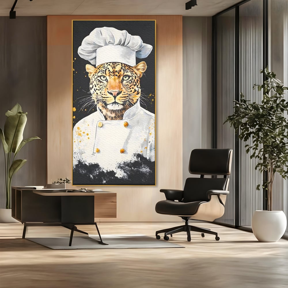 Leinwand Wandkunst Canvas Premium, LuxCanva® M1196, Safari Küche, Leopard, Koch, Kostüm, Feline, Küche, Restaurant, Pete, Exotisch, Savanne, Portrait, Büro, Wohnen, Wohnzimmer, Babyzimmer