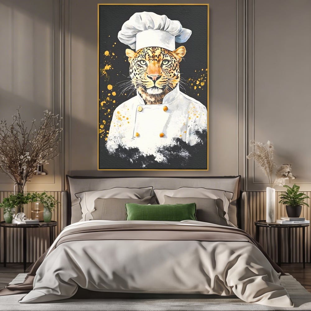 Leinwand Wandkunst Canvas Premium, LuxCanva® M1196, Safari Küche, Leopard, Koch, Kostüm, Feline, Küche, Restaurant, Pete, Exotisch, Savanne, Portrait, Büro, Wohnen, Wohnzimmer, Babyzimmer