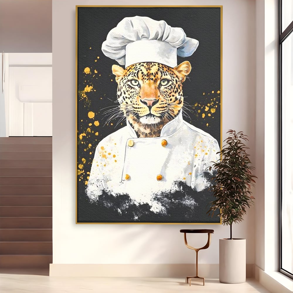 Leinwand Wandkunst Canvas Premium, LuxCanva® M1196, Safari Küche, Leopard, Koch, Kostüm, Feline, Küche, Restaurant, Pete, Exotisch, Savanne, Portrait, Büro, Wohnen, Wohnzimmer, Babyzimmer