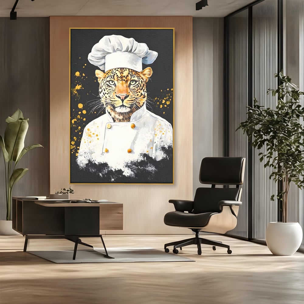 Leinwand Wandkunst Canvas Premium, LuxCanva® M1196, Safari Küche, Leopard, Koch, Kostüm, Feline, Küche, Restaurant, Pete, Exotisch, Savanne, Portrait, Büro, Wohnen, Wohnzimmer, Babyzimmer