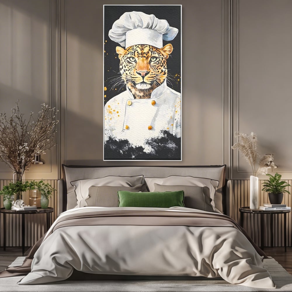 Leinwand Wandkunst Canvas Premium, LuxCanva® M1196, Safari Küche, Leopard, Koch, Kostüm, Feline, Küche, Restaurant, Pete, Exotisch, Savanne, Portrait, Büro, Wohnen, Wohnzimmer, Babyzimmer
