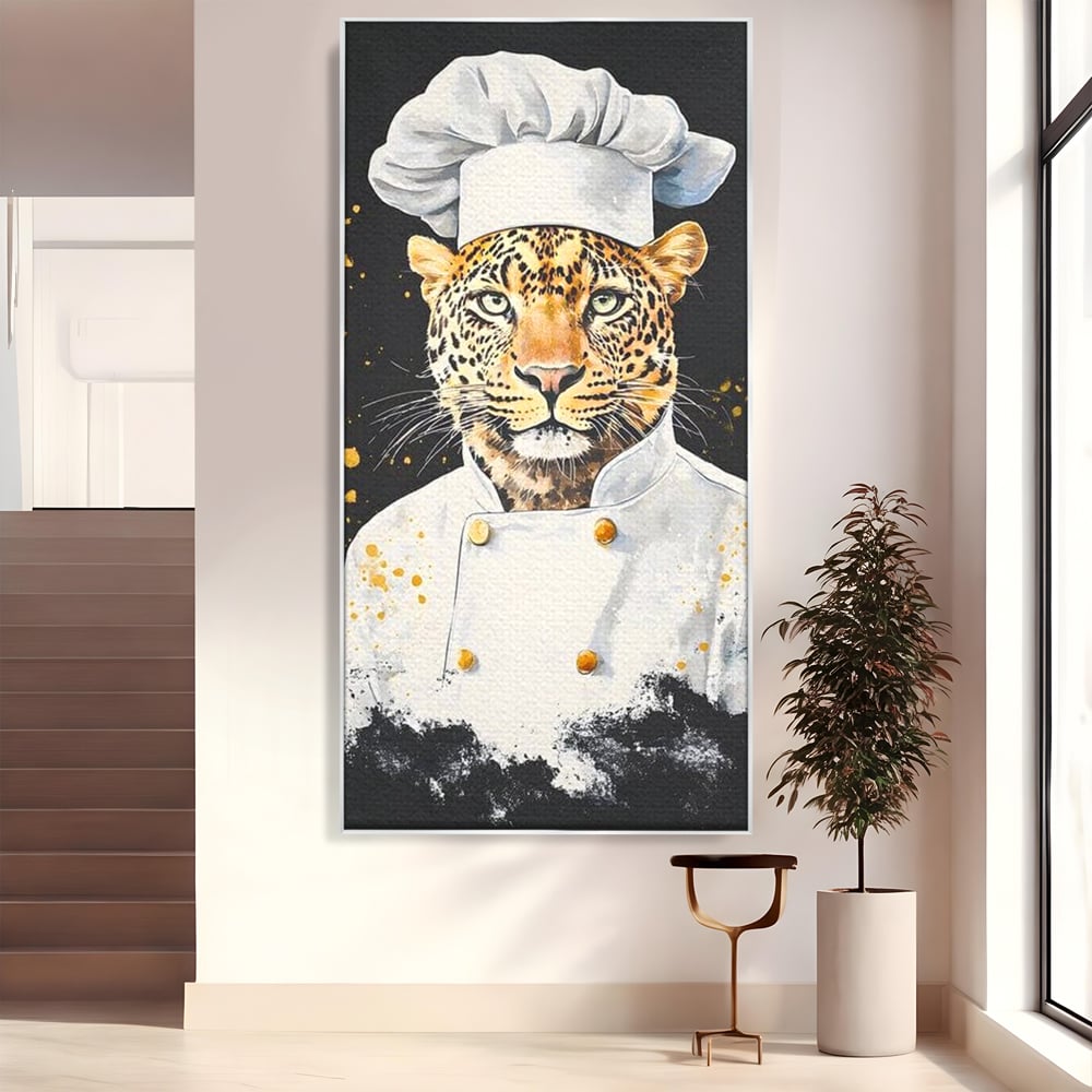 Leinwand Wandkunst Canvas Premium, LuxCanva® M1196, Safari Küche, Leopard, Koch, Kostüm, Feline, Küche, Restaurant, Pete, Exotisch, Savanne, Portrait, Büro, Wohnen, Wohnzimmer, Babyzimmer