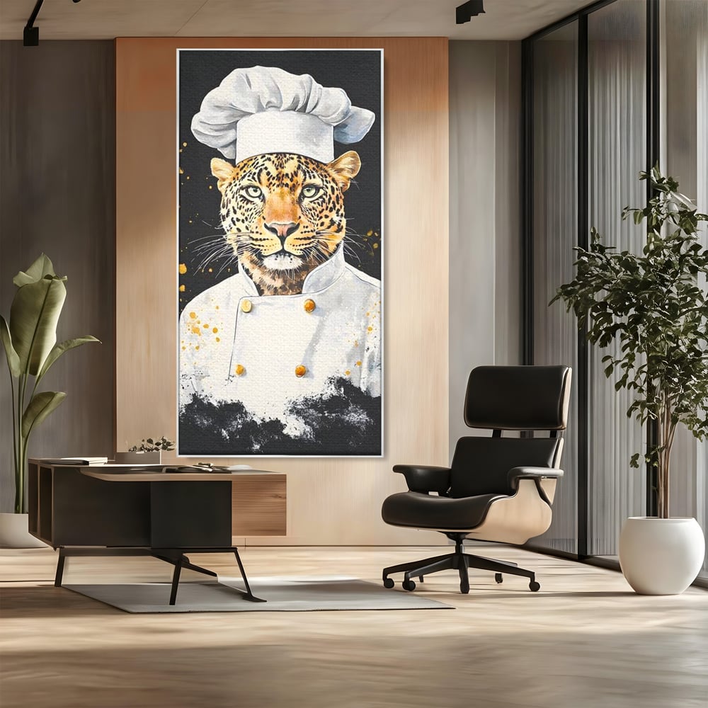 Leinwand Wandkunst Canvas Premium, LuxCanva® M1196, Safari Küche, Leopard, Koch, Kostüm, Feline, Küche, Restaurant, Pete, Exotisch, Savanne, Portrait, Büro, Wohnen, Wohnzimmer, Babyzimmer