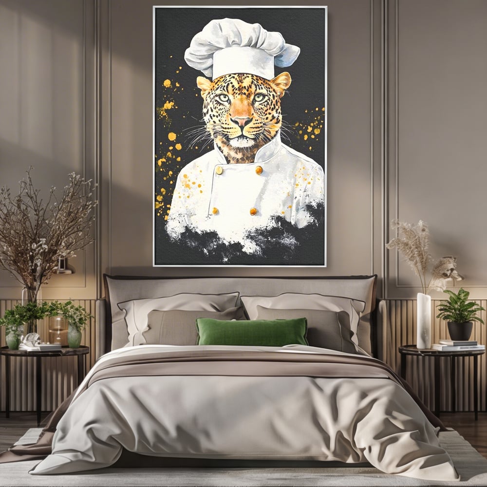Leinwand Wandkunst Canvas Premium, LuxCanva® M1196, Safari Küche, Leopard, Koch, Kostüm, Feline, Küche, Restaurant, Pete, Exotisch, Savanne, Portrait, Büro, Wohnen, Wohnzimmer, Babyzimmer