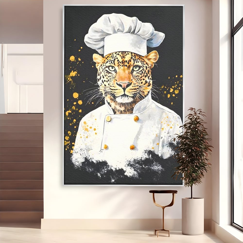 Leinwand Wandkunst Canvas Premium, LuxCanva® M1196, Safari Küche, Leopard, Koch, Kostüm, Feline, Küche, Restaurant, Pete, Exotisch, Savanne, Portrait, Büro, Wohnen, Wohnzimmer, Babyzimmer