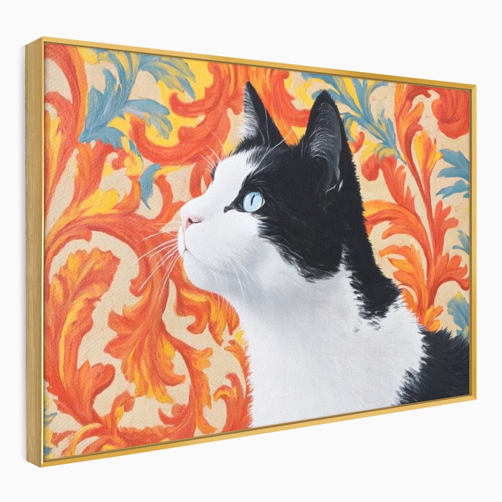 Leinwand Wandkunst Canvas Premium, LuxCanva® M1197, Ornamentaler Traum, Katze, Tapete, Floral, Raffiniert, Fell, Bohème, Romantisch, Klassisch, Feline, Künstlerisch, Büro, Wohnen, Kinderzimmer