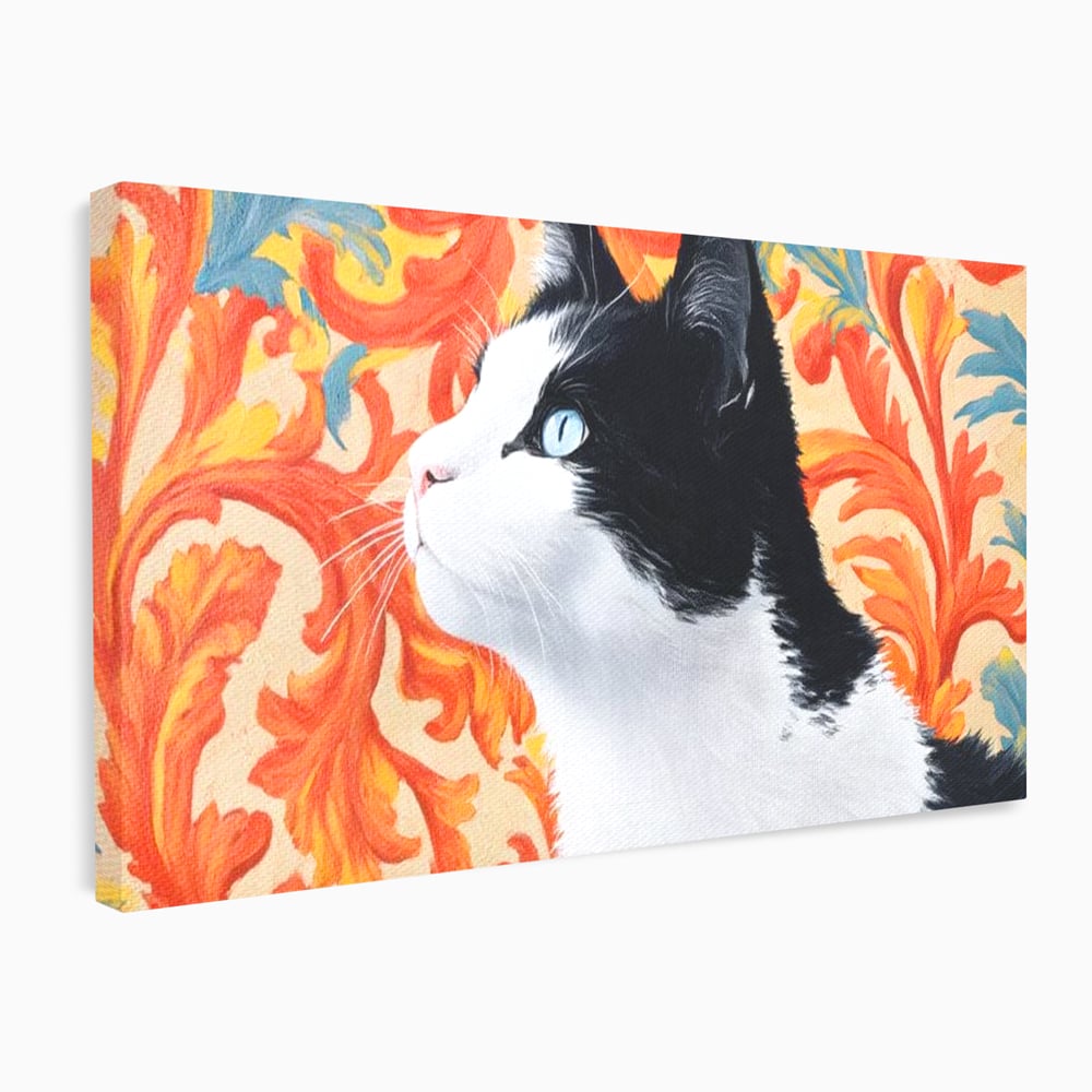 Leinwand Wandkunst Canvas Premium, LuxCanva® M1197, Ornamentaler Traum, Katze, Tapete, Floral, Raffiniert, Fell, Bohème, Romantisch, Klassisch, Feline, Künstlerisch, Büro, Wohnen, Kinderzimmer