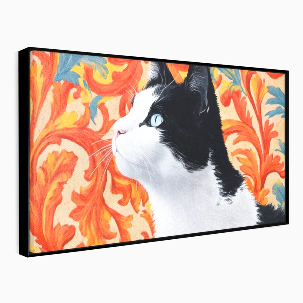 Leinwand Wandkunst Canvas Premium, LuxCanva® M1197, Ornamentaler Traum, Katze, Tapete, Floral, Raffiniert, Fell, Bohème, Romantisch, Klassisch, Feline, Künstlerisch, Büro, Wohnen, Kinderzimmer