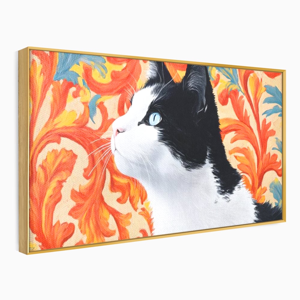 Leinwand Wandkunst Canvas Premium, LuxCanva® M1197, Ornamentaler Traum, Katze, Tapete, Floral, Raffiniert, Fell, Bohème, Romantisch, Klassisch, Feline, Künstlerisch, Büro, Wohnen, Kinderzimmer