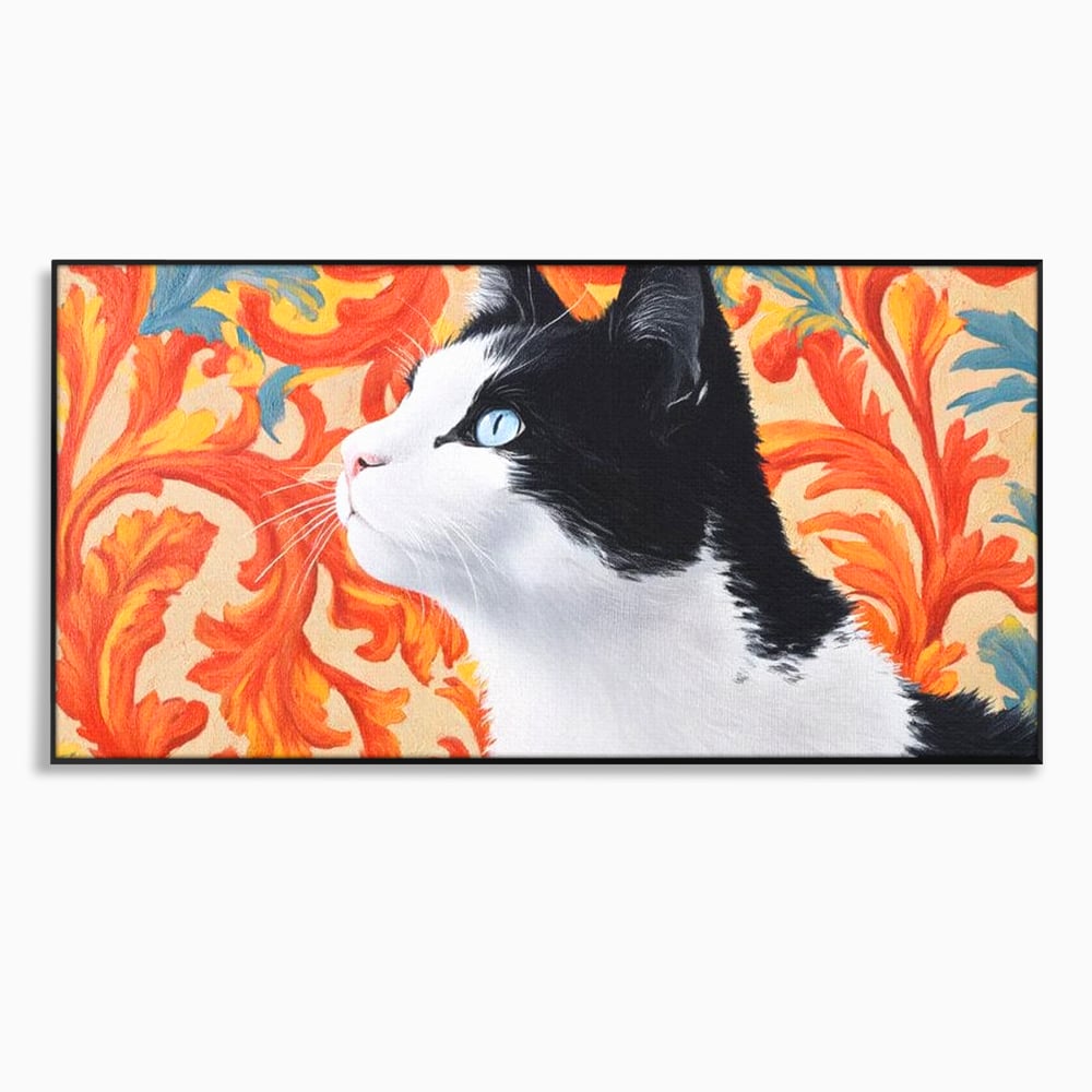 Leinwand Wandkunst Canvas Premium, LuxCanva® M1197, Ornamentaler Traum, Katze, Tapete, Floral, Raffiniert, Fell, Bohème, Romantisch, Klassisch, Feline, Künstlerisch, Büro, Wohnen, Kinderzimmer