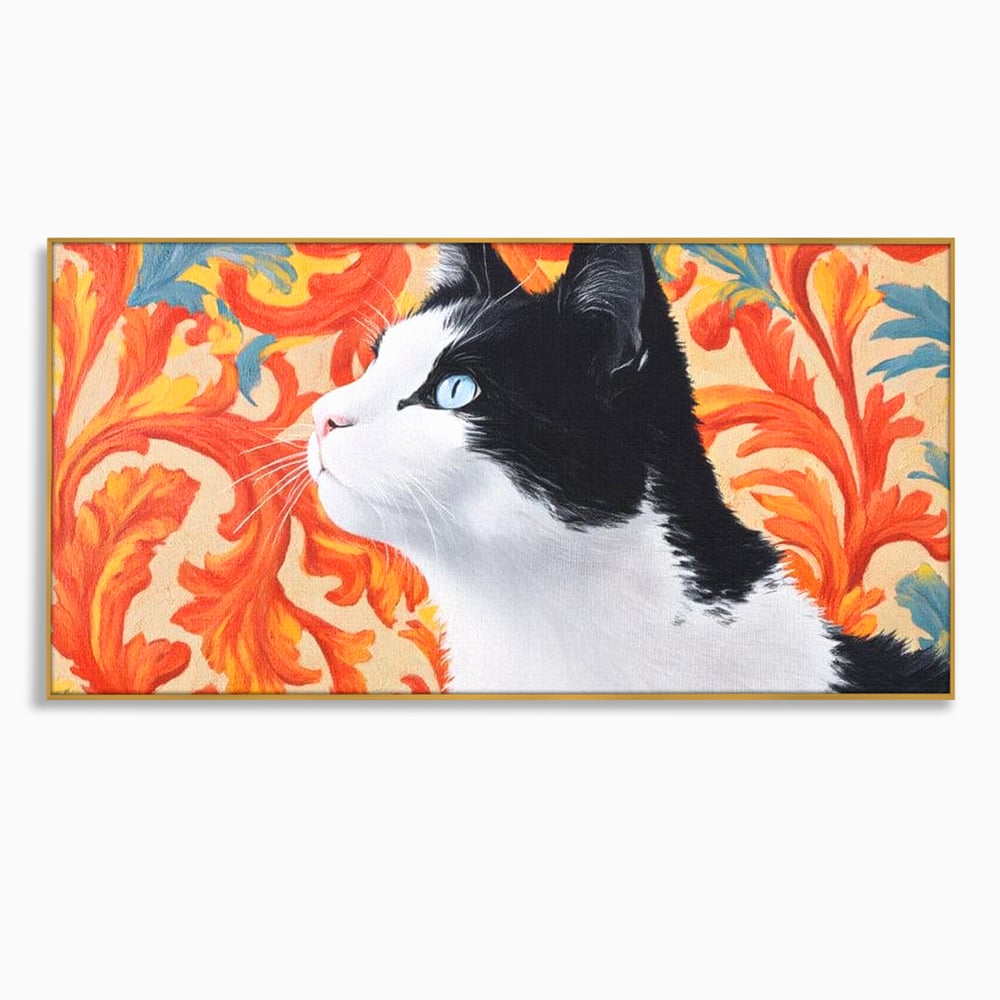 Leinwand Wandkunst Canvas Premium, LuxCanva® M1197, Ornamentaler Traum, Katze, Tapete, Floral, Raffiniert, Fell, Bohème, Romantisch, Klassisch, Feline, Künstlerisch, Büro, Wohnen, Kinderzimmer