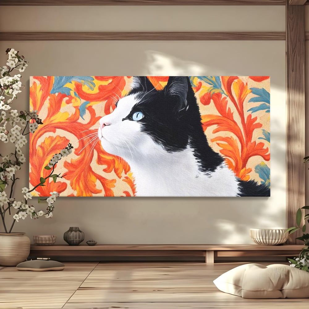 Leinwand Wandkunst Canvas Premium, LuxCanva® M1197, Ornamentaler Traum, Katze, Tapete, Floral, Raffiniert, Fell, Bohème, Romantisch, Klassisch, Feline, Künstlerisch, Büro, Wohnen, Kinderzimmer