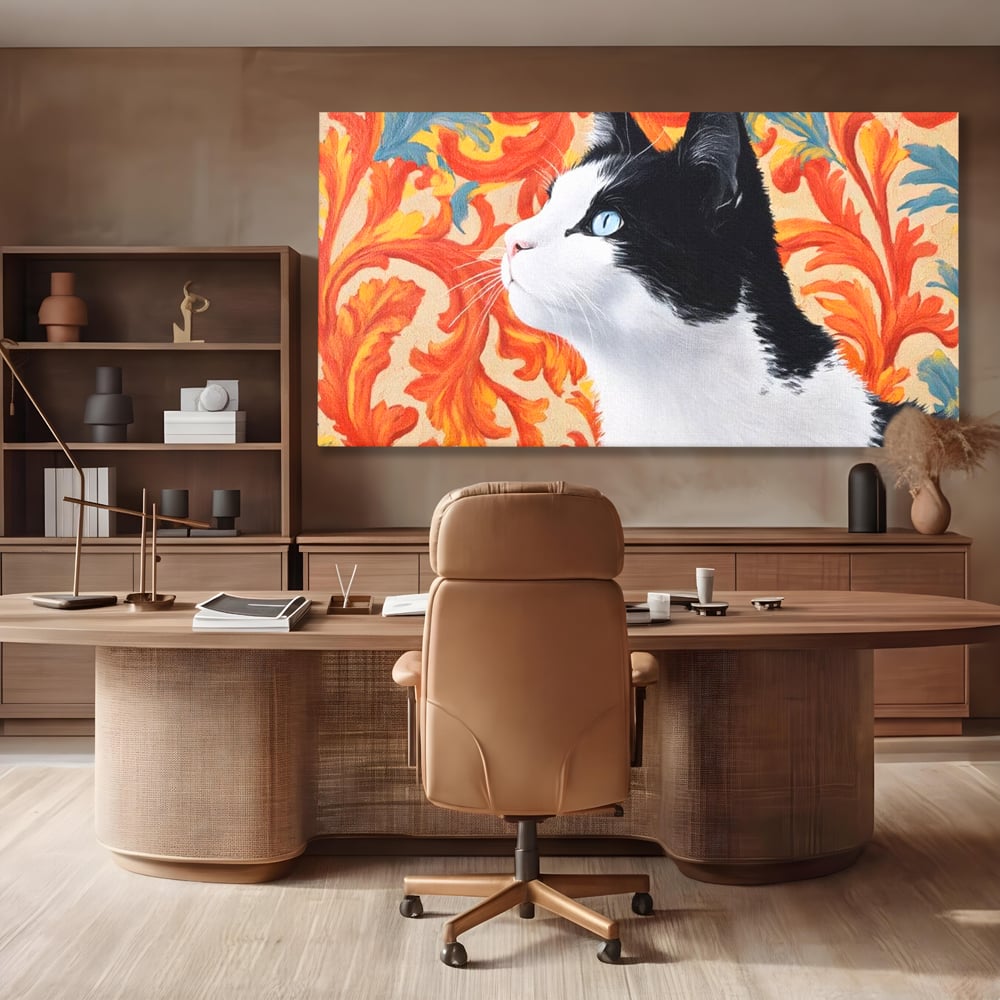 Leinwand Wandkunst Canvas Premium, LuxCanva® M1197, Ornamentaler Traum, Katze, Tapete, Floral, Raffiniert, Fell, Bohème, Romantisch, Klassisch, Feline, Künstlerisch, Büro, Wohnen, Kinderzimmer