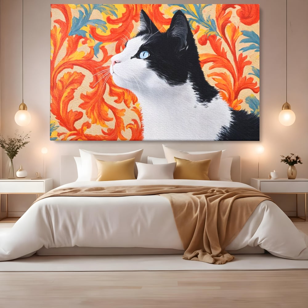 Leinwand Wandkunst Canvas Premium, LuxCanva® M1197, Ornamentaler Traum, Katze, Tapete, Floral, Raffiniert, Fell, Bohème, Romantisch, Klassisch, Feline, Künstlerisch, Büro, Wohnen, Kinderzimmer