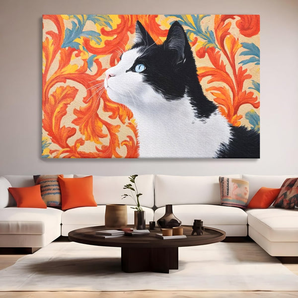 Leinwand Wandkunst Canvas Premium, LuxCanva® M1197, Ornamentaler Traum, Katze, Tapete, Floral, Raffiniert, Fell, Bohème, Romantisch, Klassisch, Feline, Künstlerisch, Büro, Wohnen, Kinderzimmer