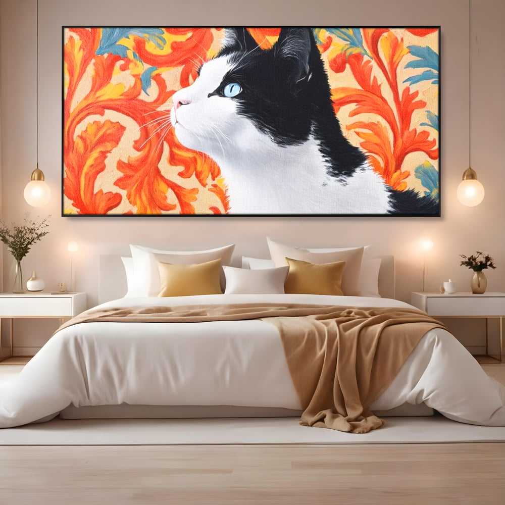 Leinwand Wandkunst Canvas Premium, LuxCanva® M1197, Ornamentaler Traum, Katze, Tapete, Floral, Raffiniert, Fell, Bohème, Romantisch, Klassisch, Feline, Künstlerisch, Büro, Wohnen, Kinderzimmer