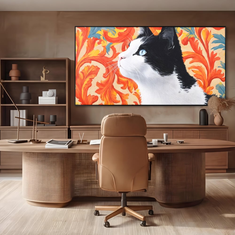 Leinwand Wandkunst Canvas Premium, LuxCanva® M1197, Ornamentaler Traum, Katze, Tapete, Floral, Raffiniert, Fell, Bohème, Romantisch, Klassisch, Feline, Künstlerisch, Büro, Wohnen, Kinderzimmer