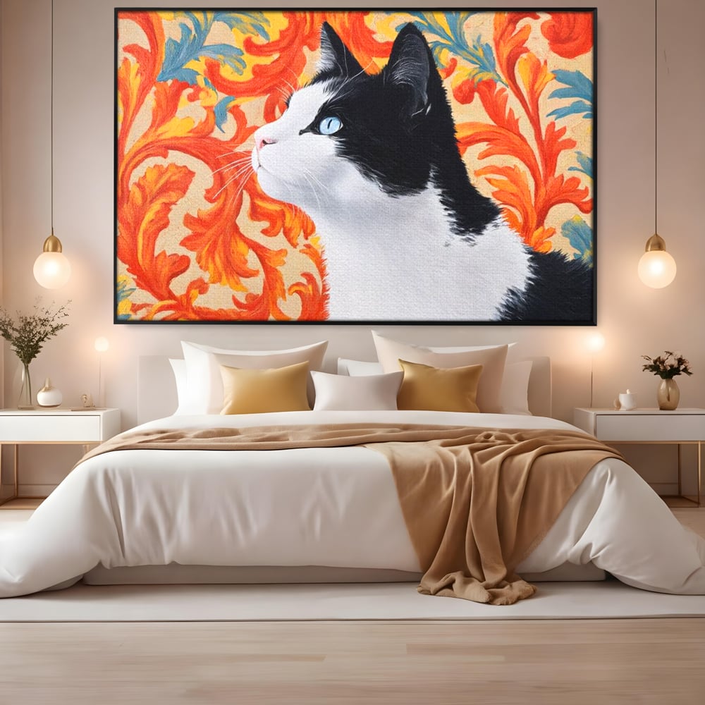 Leinwand Wandkunst Canvas Premium, LuxCanva® M1197, Ornamentaler Traum, Katze, Tapete, Floral, Raffiniert, Fell, Bohème, Romantisch, Klassisch, Feline, Künstlerisch, Büro, Wohnen, Kinderzimmer