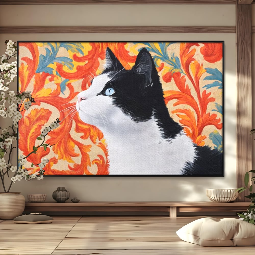 Leinwand Wandkunst Canvas Premium, LuxCanva® M1197, Ornamentaler Traum, Katze, Tapete, Floral, Raffiniert, Fell, Bohème, Romantisch, Klassisch, Feline, Künstlerisch, Büro, Wohnen, Kinderzimmer