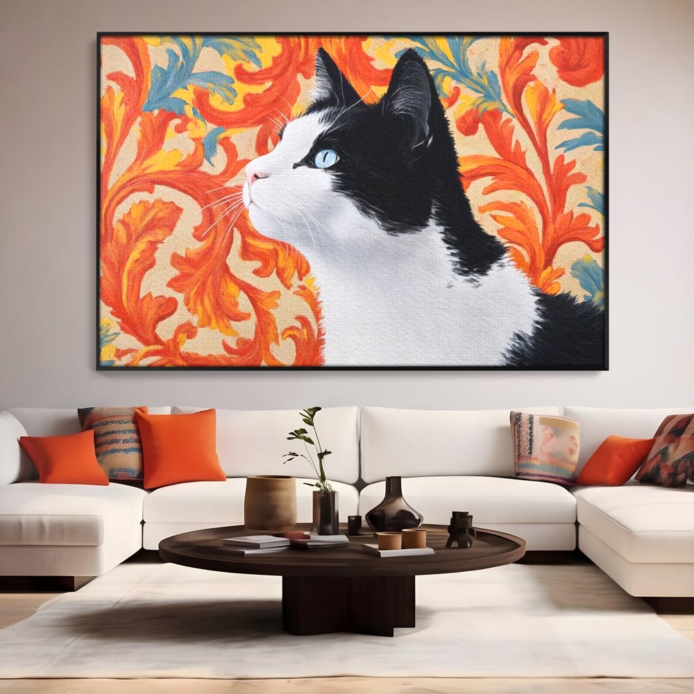Leinwand Wandkunst Canvas Premium, LuxCanva® M1197, Ornamentaler Traum, Katze, Tapete, Floral, Raffiniert, Fell, Bohème, Romantisch, Klassisch, Feline, Künstlerisch, Büro, Wohnen, Kinderzimmer