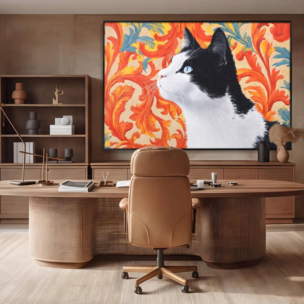 Leinwand Wandkunst Canvas Premium, LuxCanva® M1197, Ornamentaler Traum, Katze, Tapete, Floral, Raffiniert, Fell, Bohème, Romantisch, Klassisch, Feline, Künstlerisch, Büro, Wohnen, Kinderzimmer