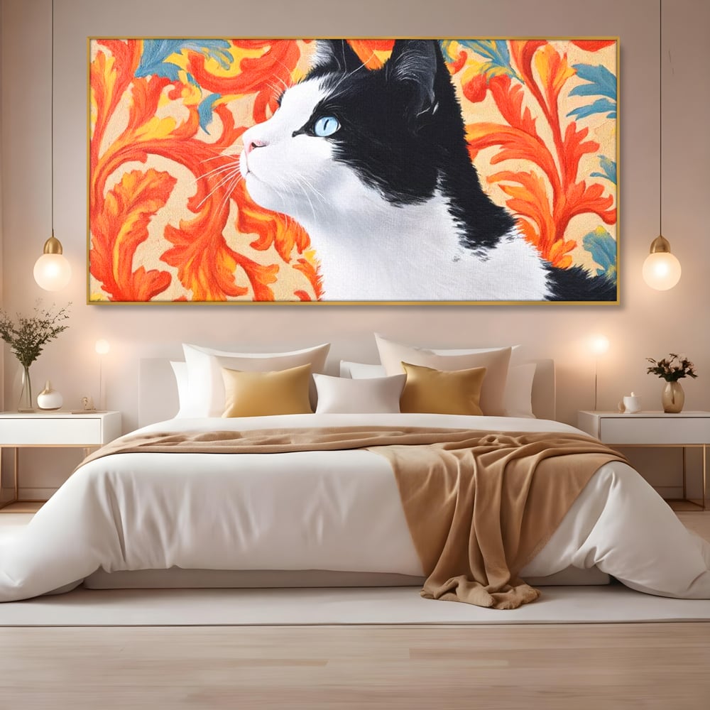 Leinwand Wandkunst Canvas Premium, LuxCanva® M1197, Ornamentaler Traum, Katze, Tapete, Floral, Raffiniert, Fell, Bohème, Romantisch, Klassisch, Feline, Künstlerisch, Büro, Wohnen, Kinderzimmer
