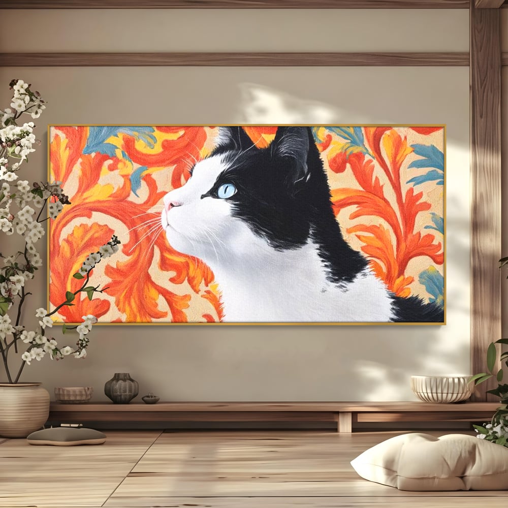 Leinwand Wandkunst Canvas Premium, LuxCanva® M1197, Ornamentaler Traum, Katze, Tapete, Floral, Raffiniert, Fell, Bohème, Romantisch, Klassisch, Feline, Künstlerisch, Büro, Wohnen, Kinderzimmer