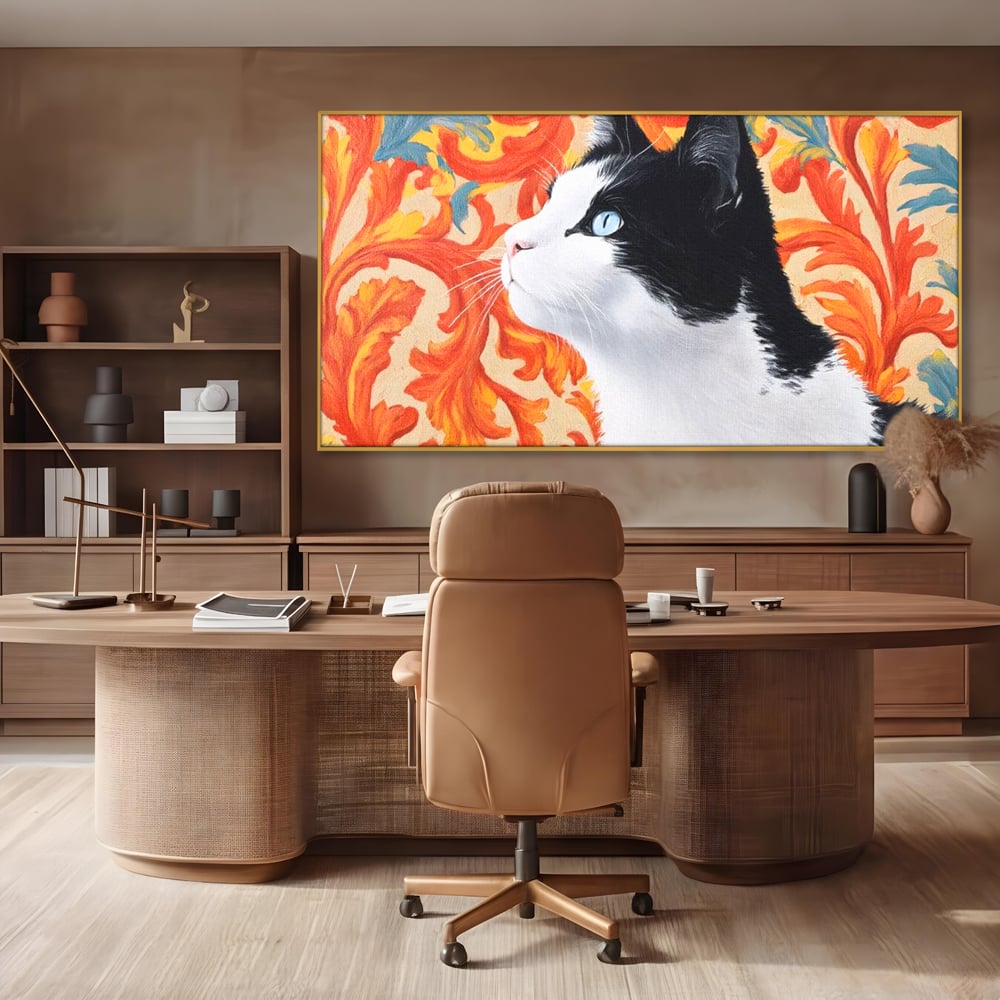 Leinwand Wandkunst Canvas Premium, LuxCanva® M1197, Ornamentaler Traum, Katze, Tapete, Floral, Raffiniert, Fell, Bohème, Romantisch, Klassisch, Feline, Künstlerisch, Büro, Wohnen, Kinderzimmer