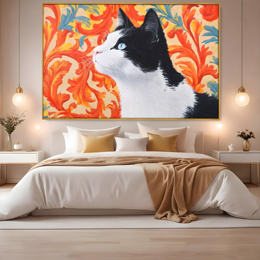 Leinwand Wandkunst Canvas Premium, LuxCanva® M1197, Ornamentaler Traum, Katze, Tapete, Floral, Raffiniert, Fell, Bohème, Romantisch, Klassisch, Feline, Künstlerisch, Büro, Wohnen, Kinderzimmer
