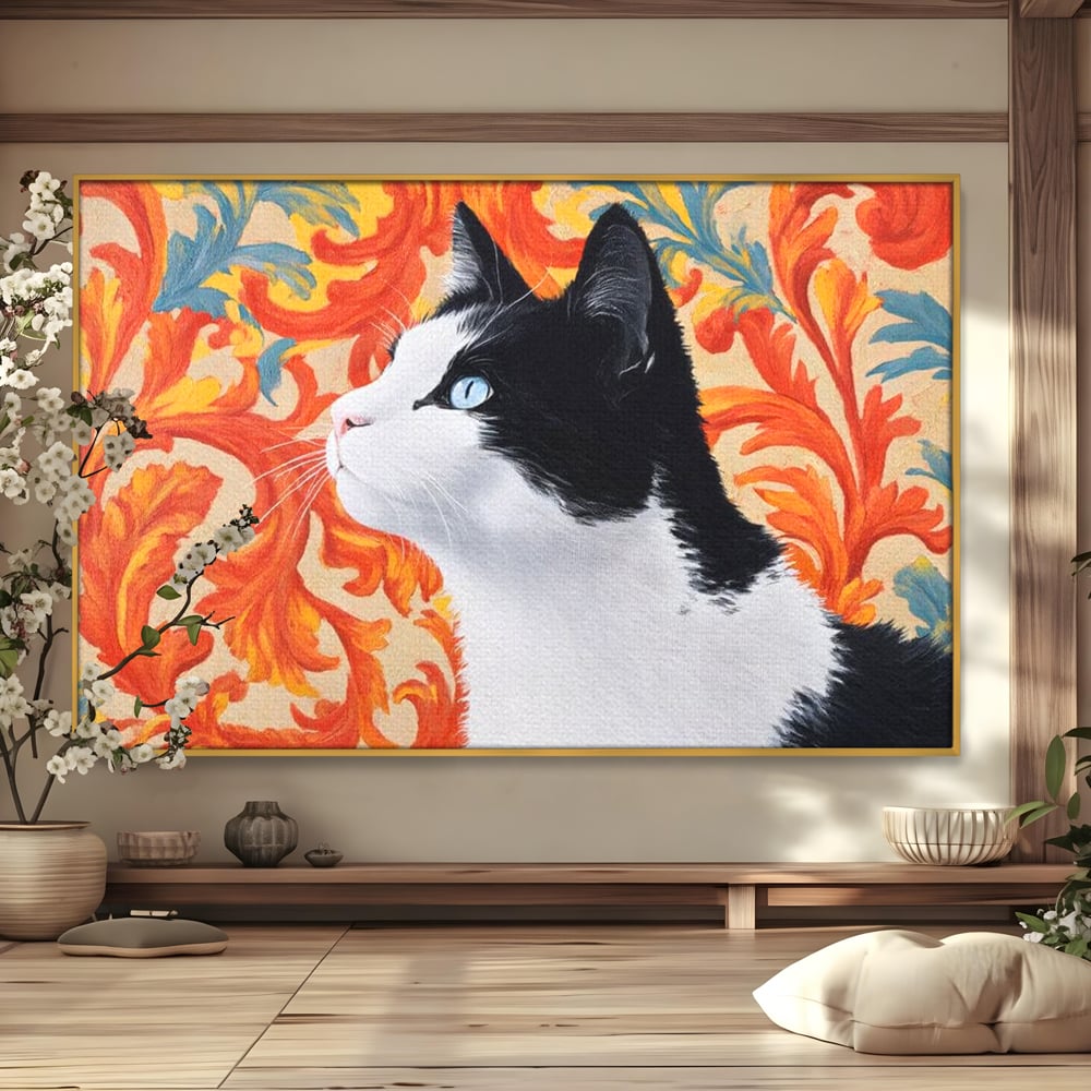 Leinwand Wandkunst Canvas Premium, LuxCanva® M1197, Ornamentaler Traum, Katze, Tapete, Floral, Raffiniert, Fell, Bohème, Romantisch, Klassisch, Feline, Künstlerisch, Büro, Wohnen, Kinderzimmer